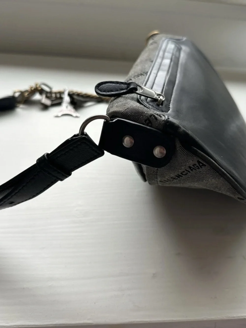 Balenciaga Grey Canvas & Black Leather Crossbody Bag